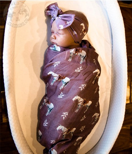 Mauve Ranch Horse Bamboo Muslin Swaddle