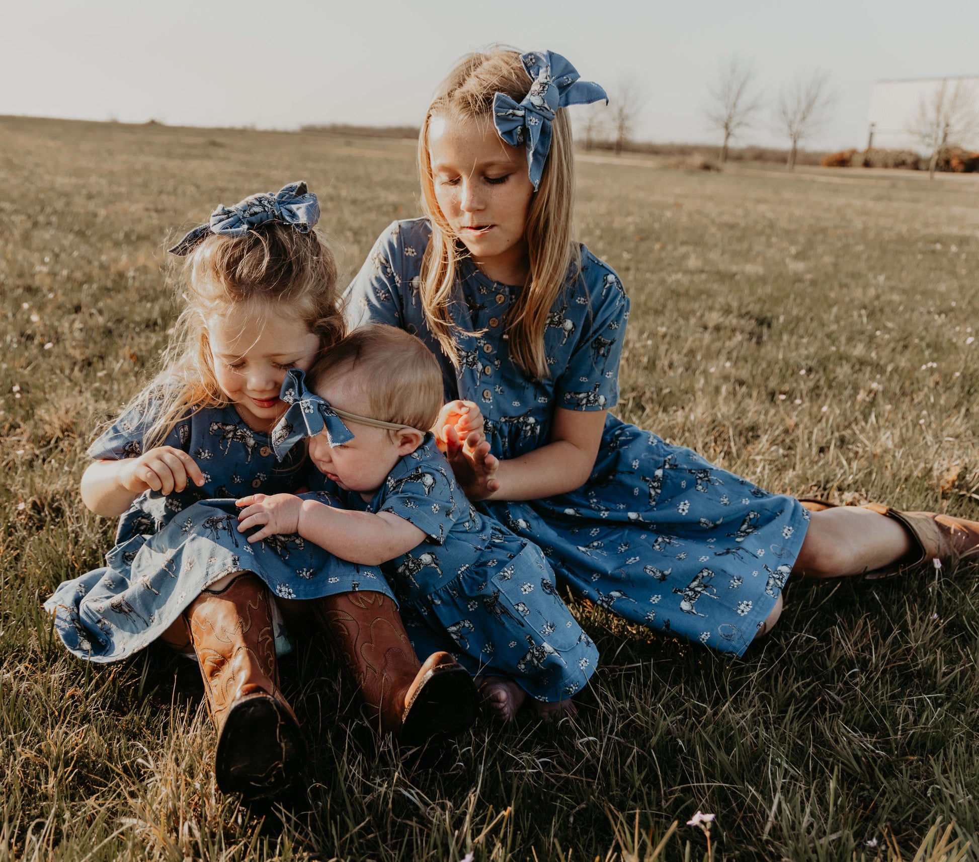 Cowgirl Blues Cotton Dress with Pockets / Matching Bow Cowkid Clothing Company Cowgirl Blues Cotton Dress with Pockets / Matching Bow Cowkid Clothing Company