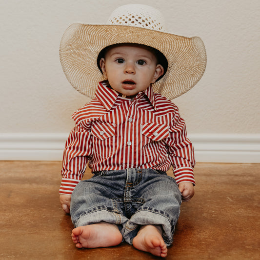 Red & White Stripe Long Sleeve Pearl Snap Onesie