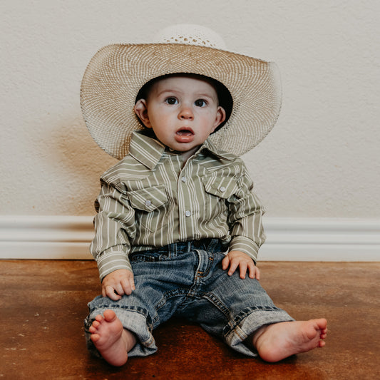 Vintage Green Stripe Long Sleeve Pearl Snap Onesie