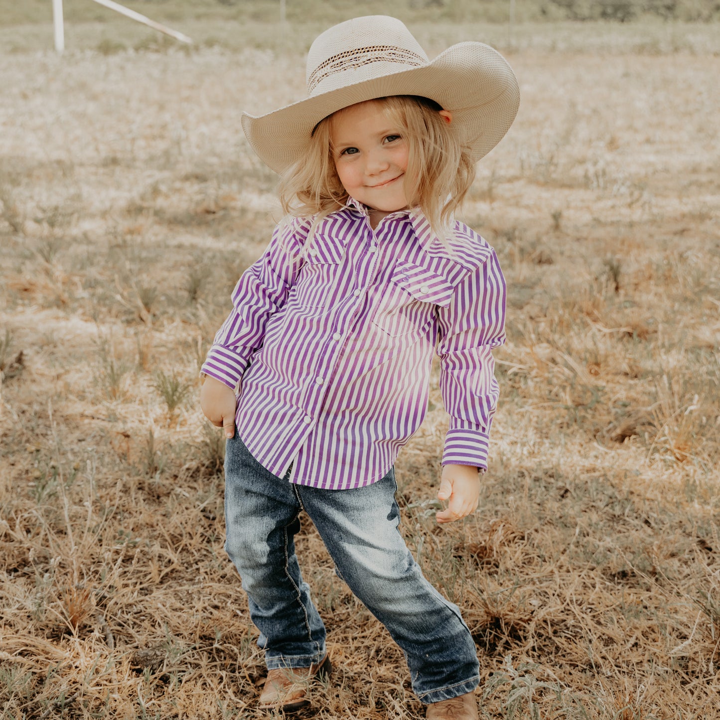 Purple & White Stripe Long Sleeve Pearl Snaps