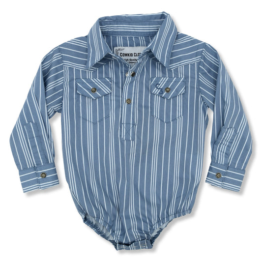 Vintage Blue Stripe Long Sleeve Pearl Snap Onesie