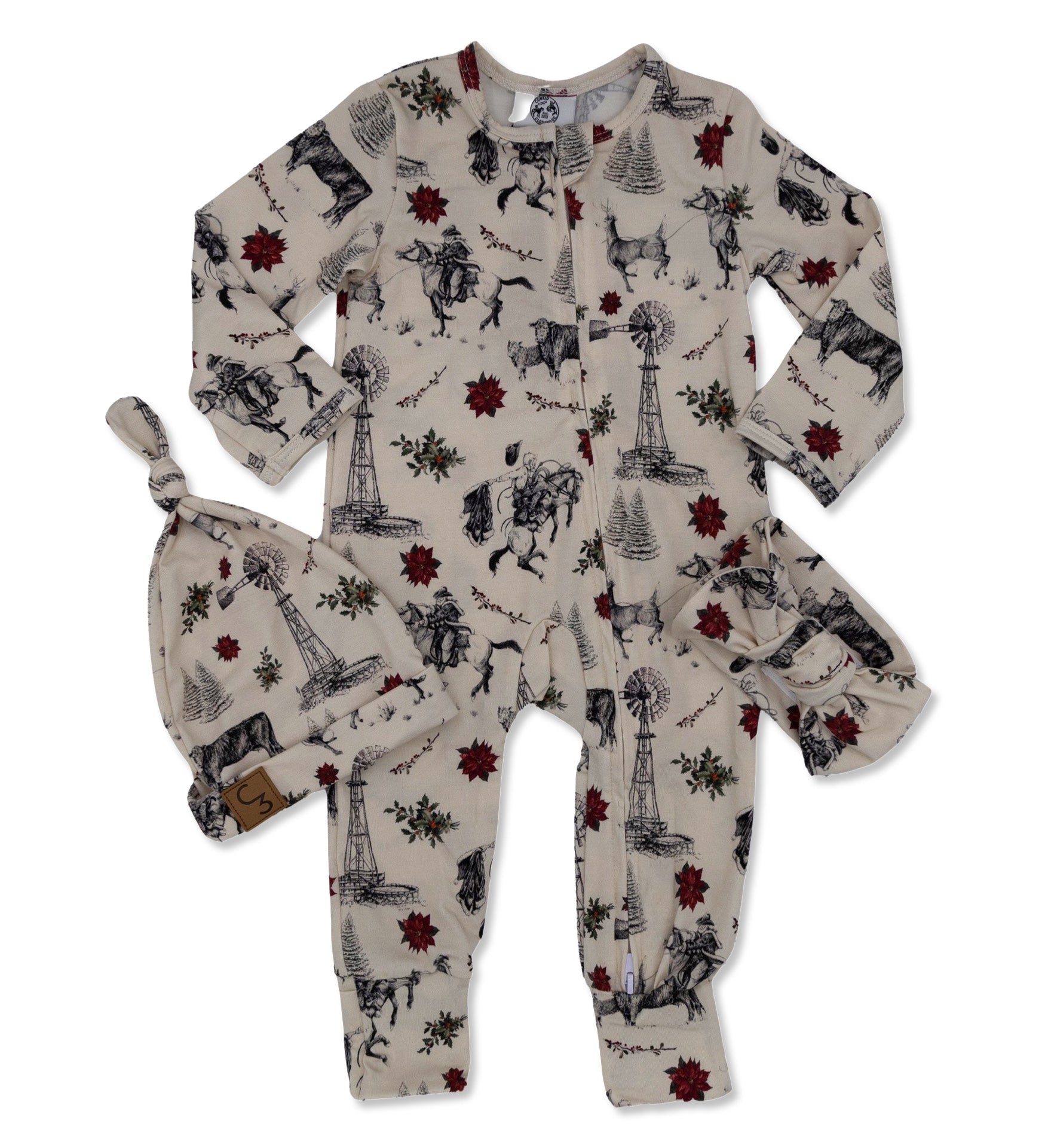 Vintage Poinsettia Christmas Folding Feet Jammies Cowkid