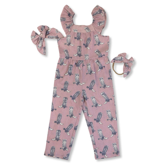 Dusty Rose Boots Cotton Linen Romper / Matching Bow