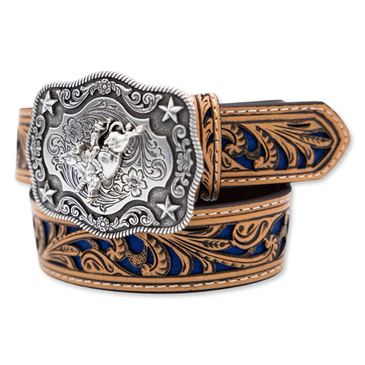 Cobalt Blue Inlay Floral Tooled Belt with Buckle