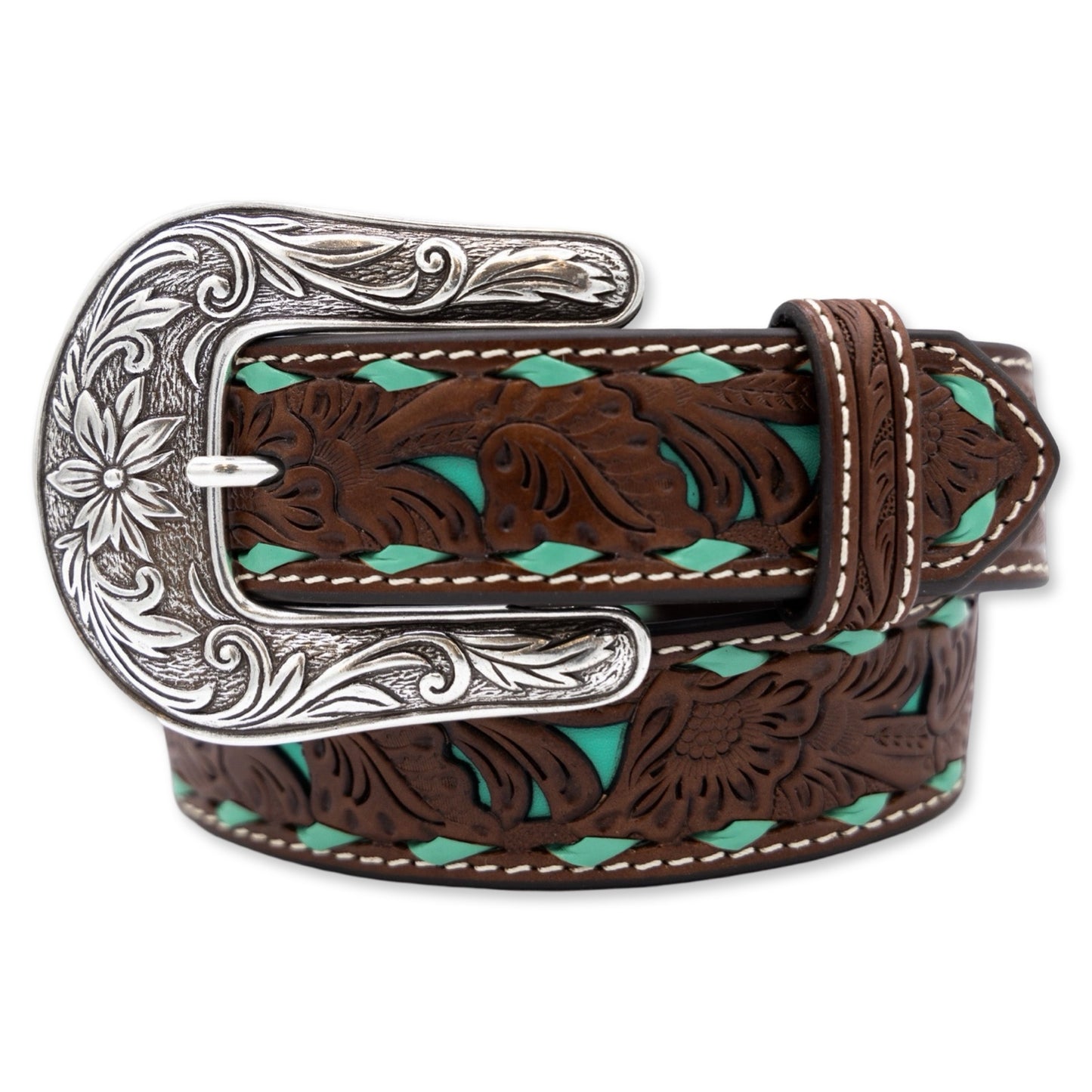 Turquoise Inlay Floral Tooled Belt with Buckle