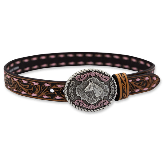 Floral Tooled Pink Buckstitch Baby Belt with Buckle