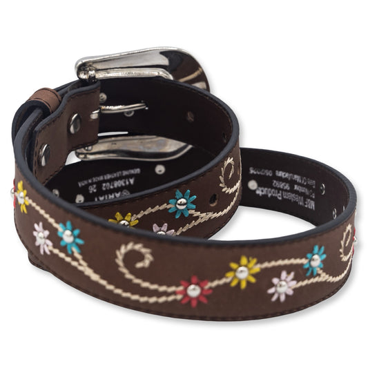 Ariat Girls Belt 1 1/4" Embroidered Flowers Brown