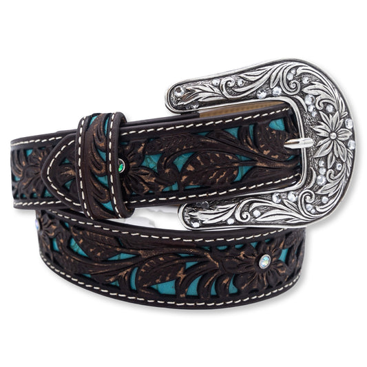 Ariat Turquoise Inlay Floral Tooled Belt with Jewels and Buckle