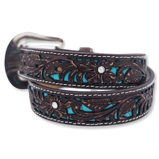 Ariat Turquoise Inlay Floral Tooled Belt with Jewels and Buckle