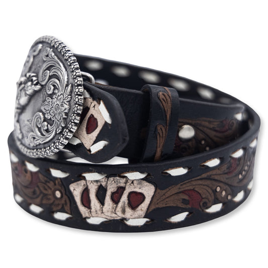 Nocona Belt 1 1/4" Aces White Buck Lace Black