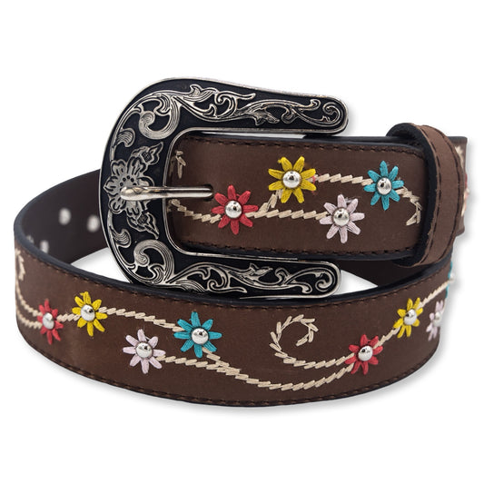 Ariat Girls Belt 1 1/4" Embroidered Flowers Brown