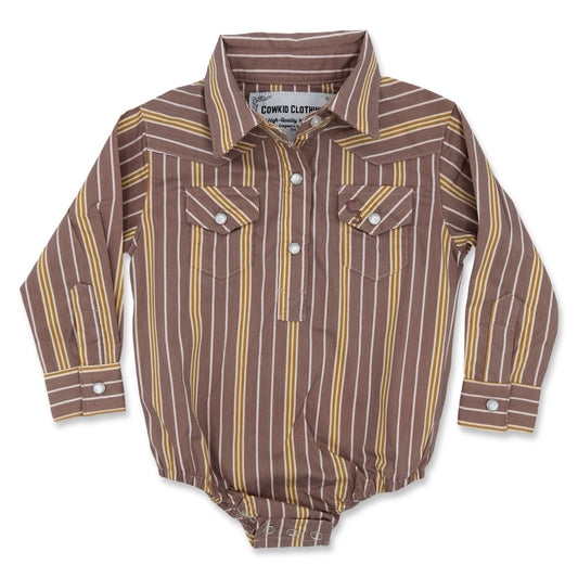 Maroon/Mustard Stripe Long Sleeve Pearl Snap Onesie