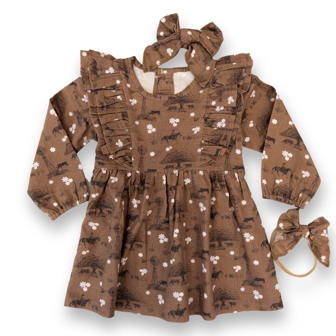 Autumn Blessings Cotton Linen Dress / Matching Bow 4T