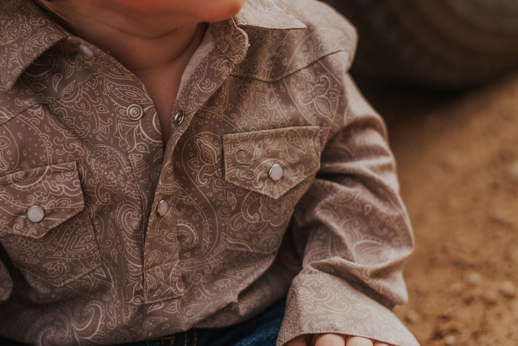 Beige Paisley Long Sleeve Pearl Snap Onesie