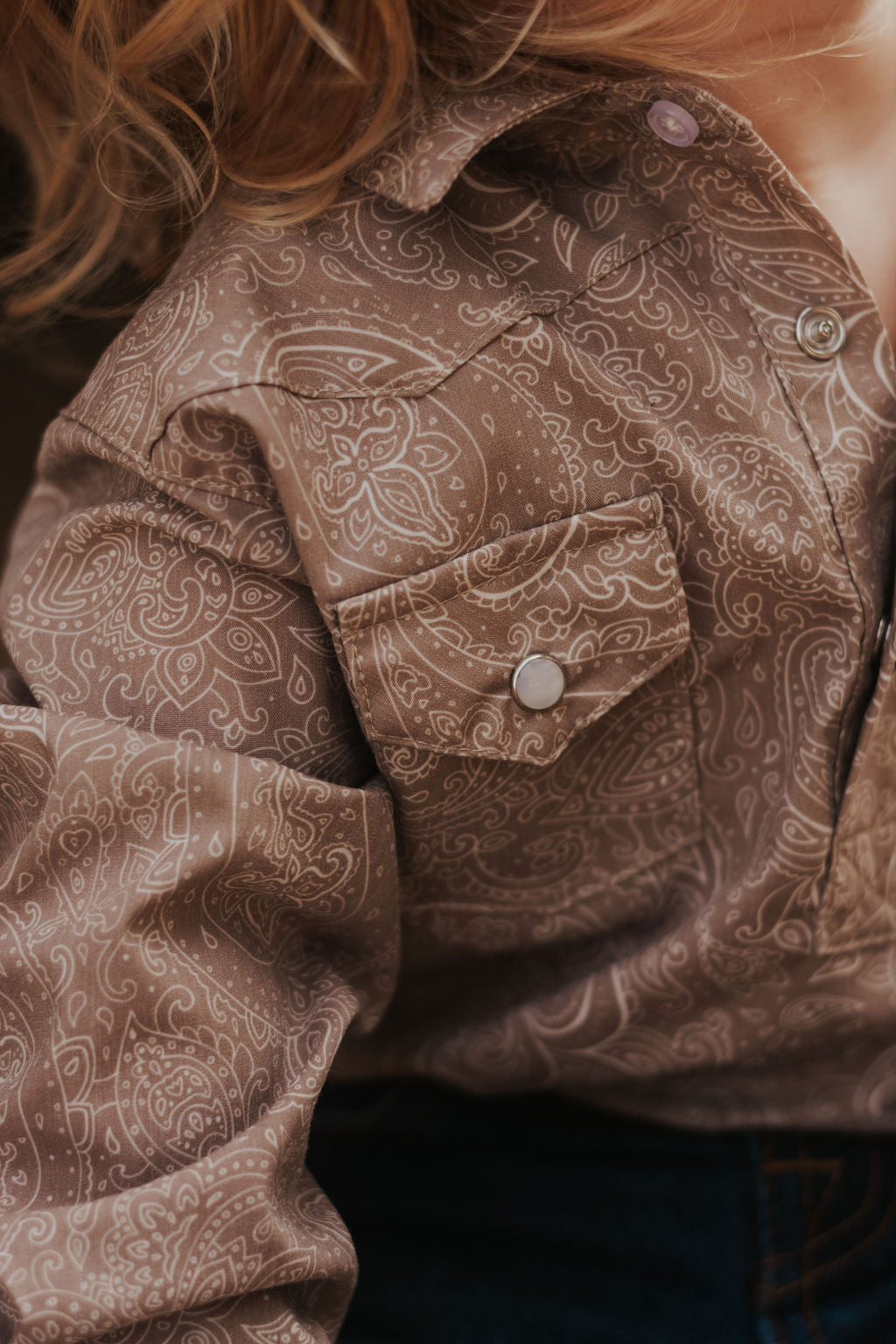 Beige Paisley Long Sleeve Pearl Snap Onesie