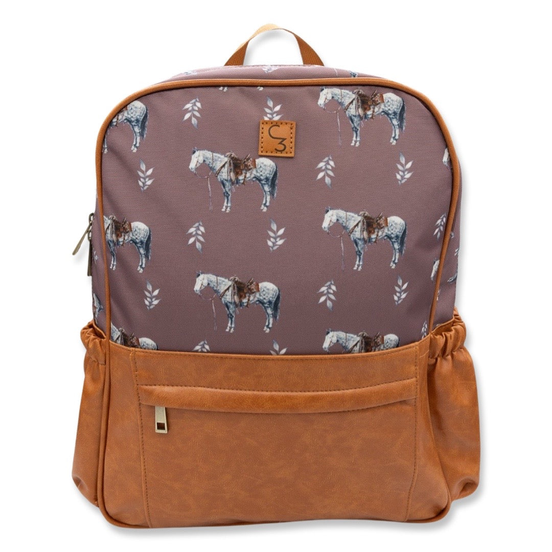 canvas mini backpack horses and Crazy Horse Leather Adventure western full size backpack for age 4 up to adult Horse Trail Gear - Barefoot