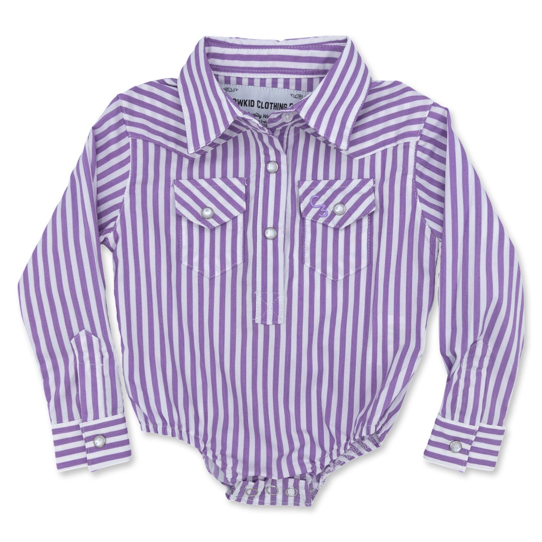 Purple & White Stripe Long Sleeve Pearl Snap Onesie