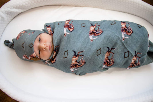 Teal Bronc Bamboo Muslin Swaddle